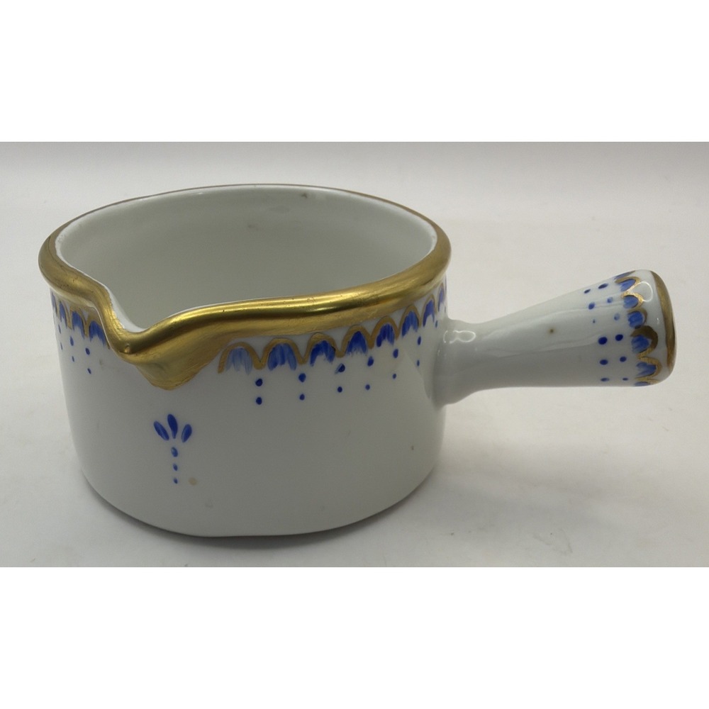 Pillivuyt White Porcelain Saucepan Hand Painted Blue & Gold Signed DM France